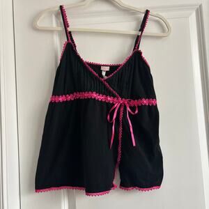 Vtg Y2K Steve Madden Babydoll Cami Top Black Lace Trim Bow Coquette Grunge M